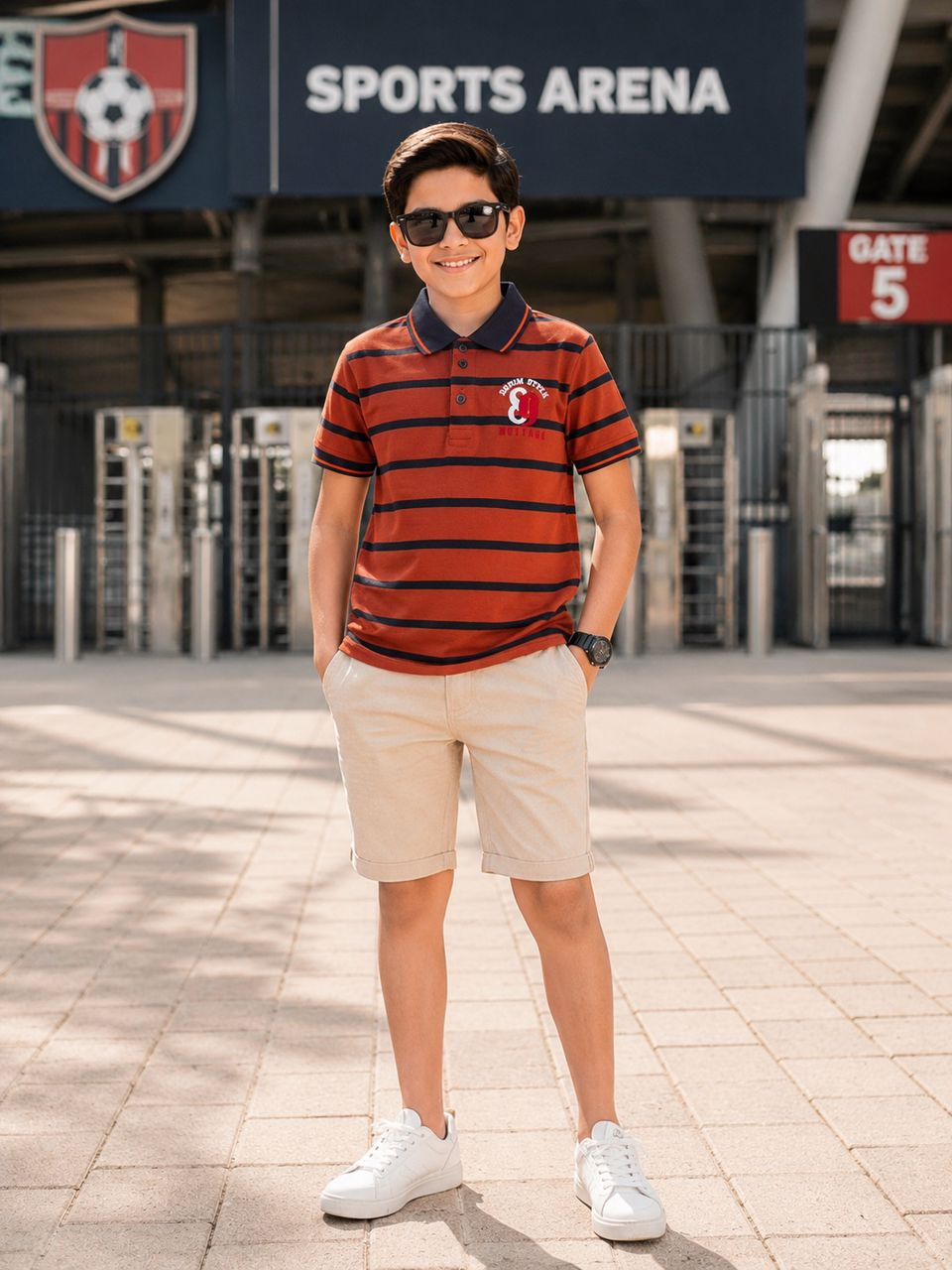 Boys' Striped Short-Sleeve Polo Shirt – Rust Orange & Navy