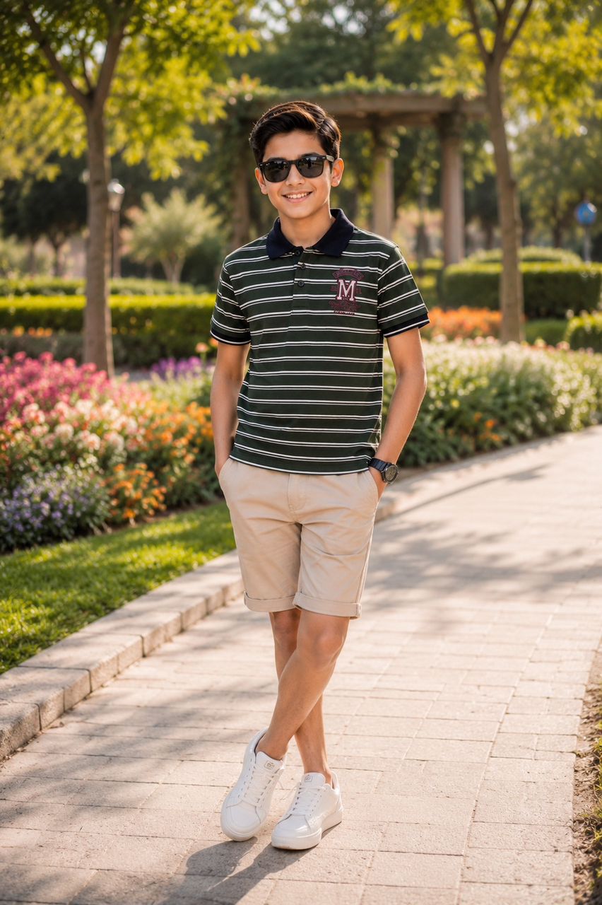 Boys' Striped Short-Sleeve Polo Shirt – Olive Green & White