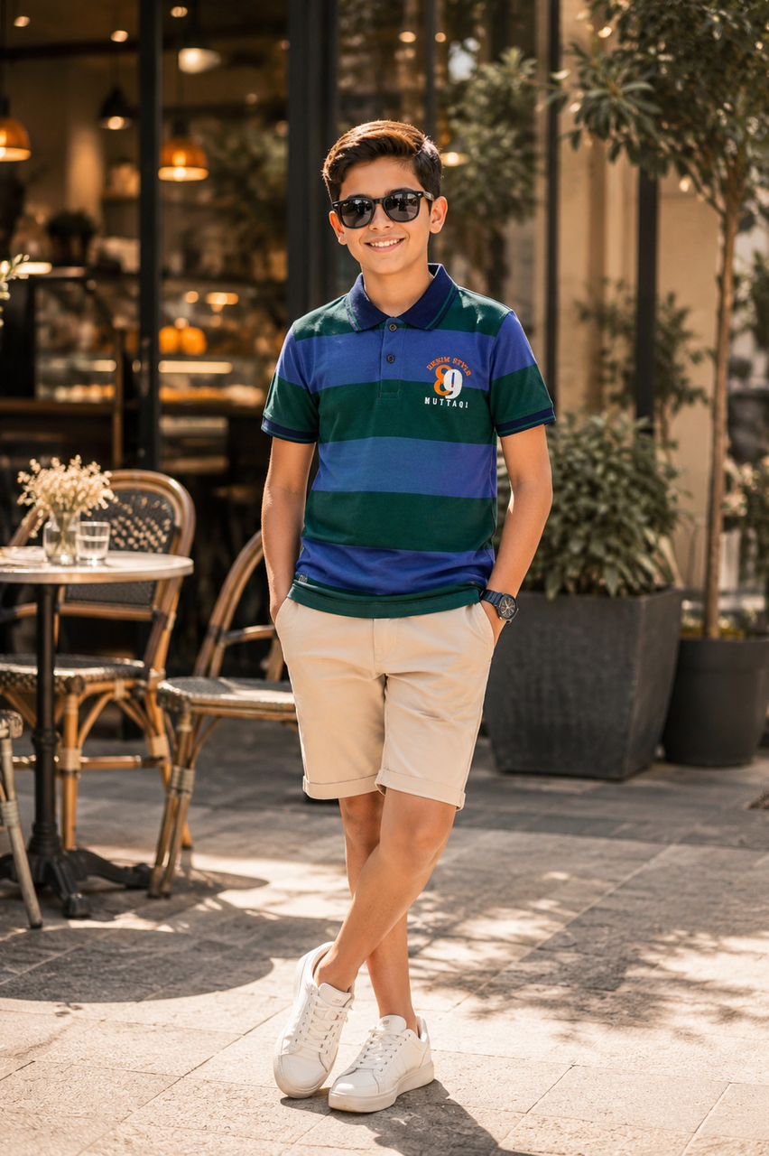 Boys' Wide Stripe Short-Sleeve Polo Shirt – Forest Green & Navy Blue