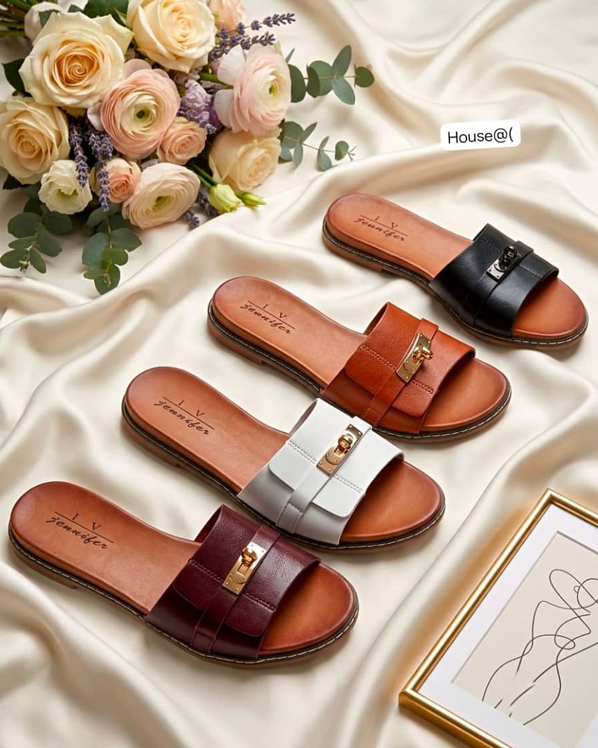 Women's Leather Turn-Lock Flat Slide Sandals
