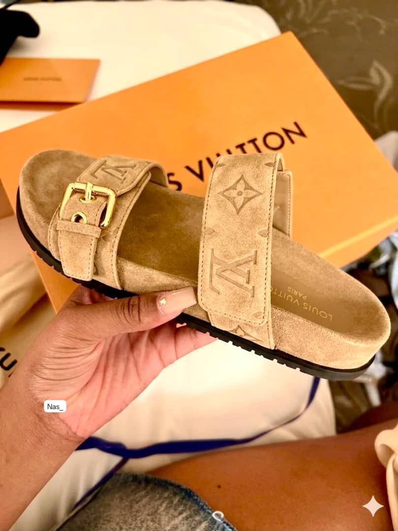 Women's Monogram Suede Double-Strap Buckle Slide Sandals