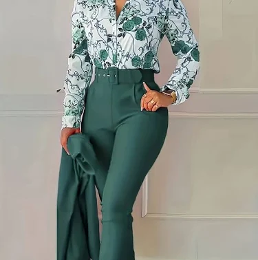 Chic Emerald Green Floral Shirt & High-Waist Belted Trouser Set