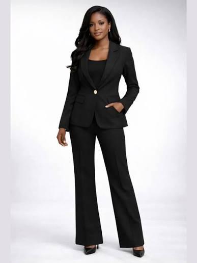 Corporate 2-Piece Pant Suit Shoulder Embroidery Accent