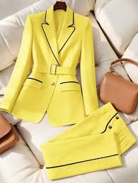 Vibrant Yellow Contrast Piping Belted Corporate Suit Set