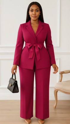 Pink Belted Tie-Front Blazer & Wide-Leg Trouser Set