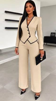 Wrap-Front Executive Suit Set with Black Piping