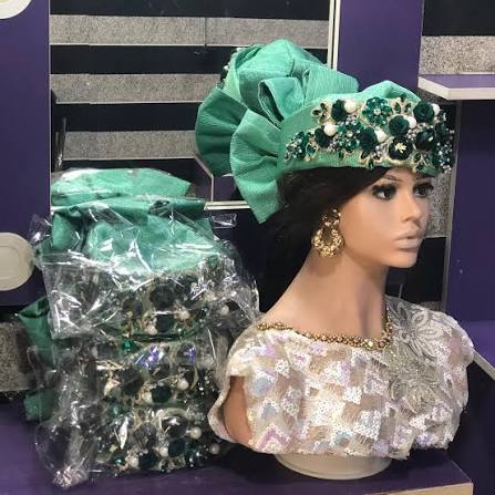 Mint Green Beaded Floral Accent Ready-to-Wear Auto Gele