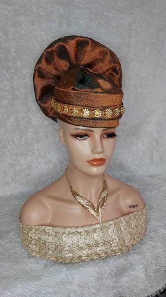 brown Statement Floral Sculpture Auto Gele