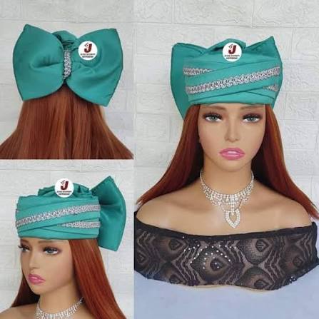 Teal Green Rhinestone Trimmed Ready-to-Wear Auto Gele