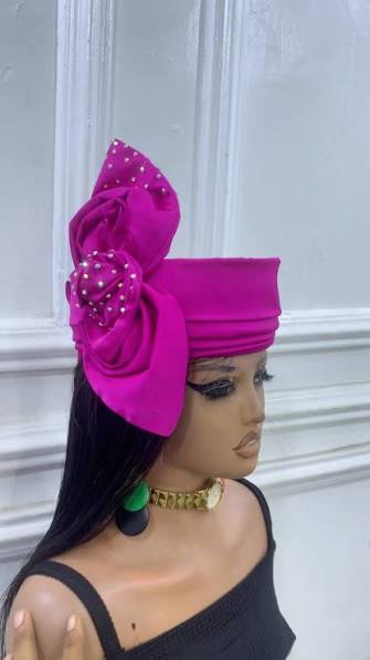 pink Sculpted Rose Fan Statement Auto Gele