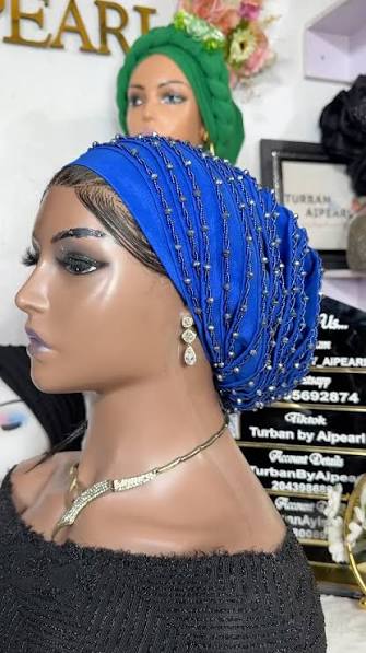 Blue Soft Pre-Tied Braided Bonnet Turban