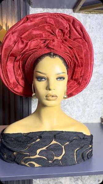 Burgundy Wine Pleated Crown Statement Auto Gele