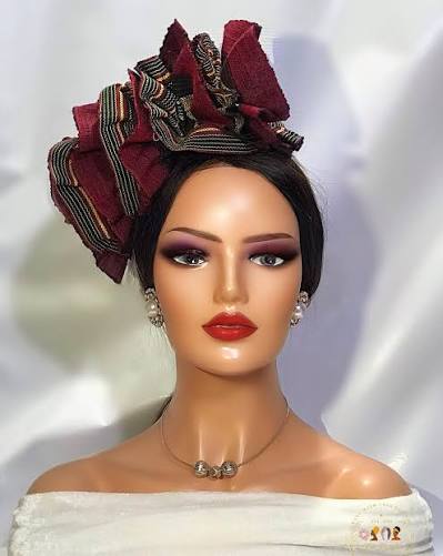 Wine Red Gold Leaf Appliqué Aso-Oke Auto Gele