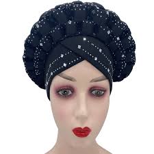 Black Crystal Studded Pleated Halo Crown Auto Gele