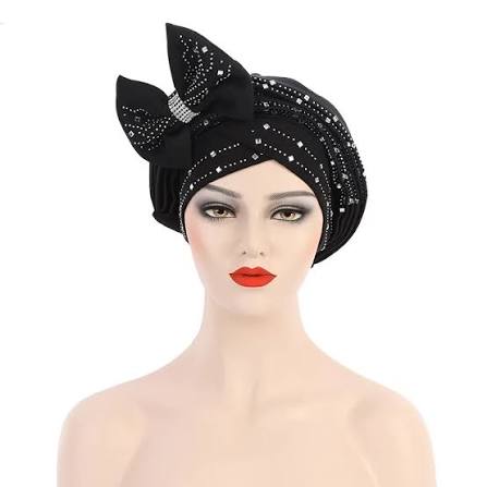 Black Crystal & Rhinestone Side Bow Pre-Tied Gele