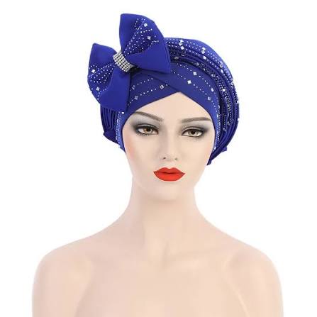 Blue Diamond Bow Accent Cross-Front Pleated Headwrap