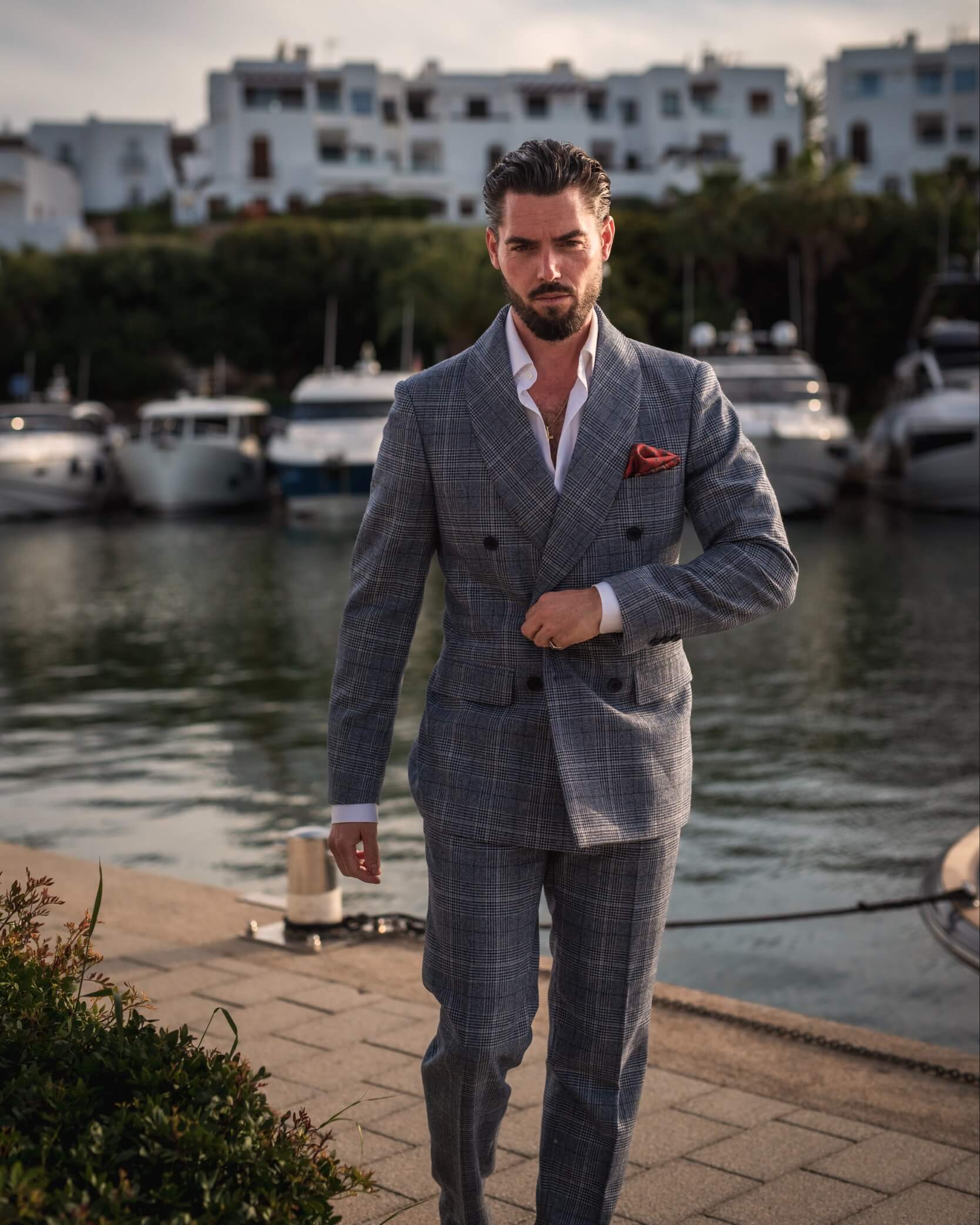 Modern Fit Grey Grid Check Italian-Style Suit Set