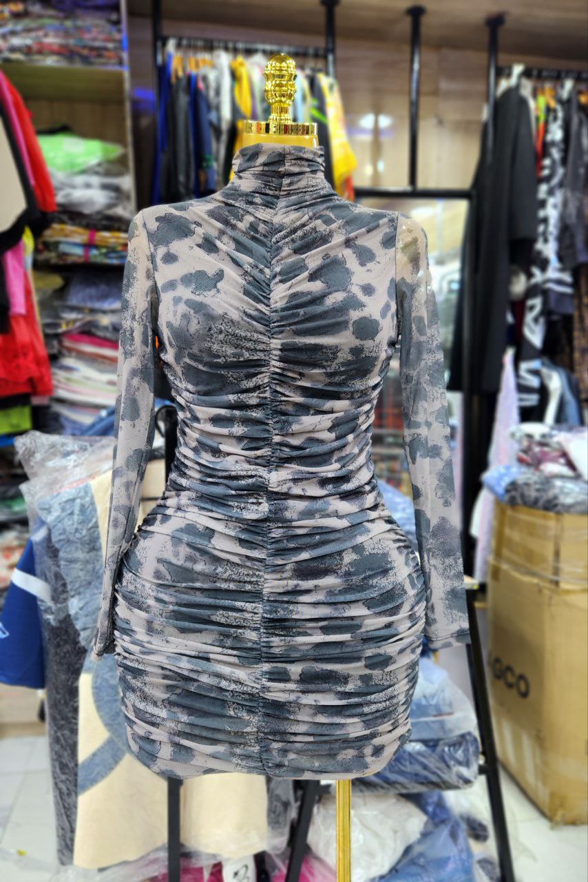 Women's Printed Mesh Long-Sleeve Ruched Bodycon Mini Dress - Image 2