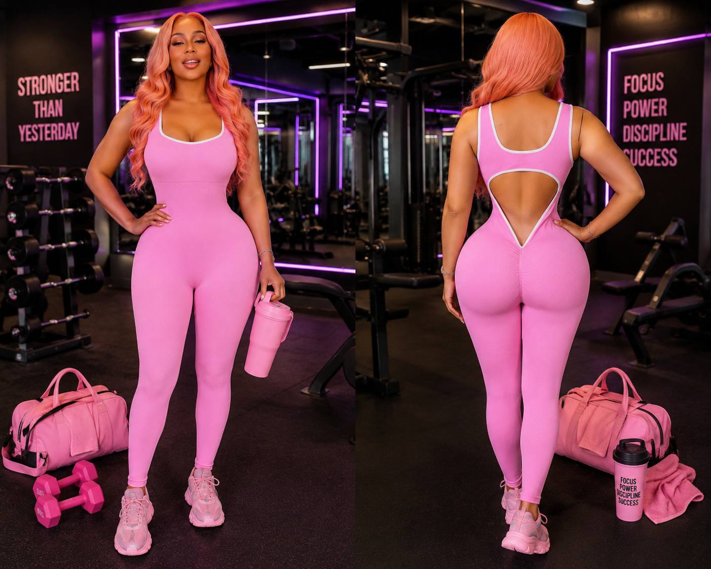 Women's Vibrant Pink Ribbed Backless Gym Romper