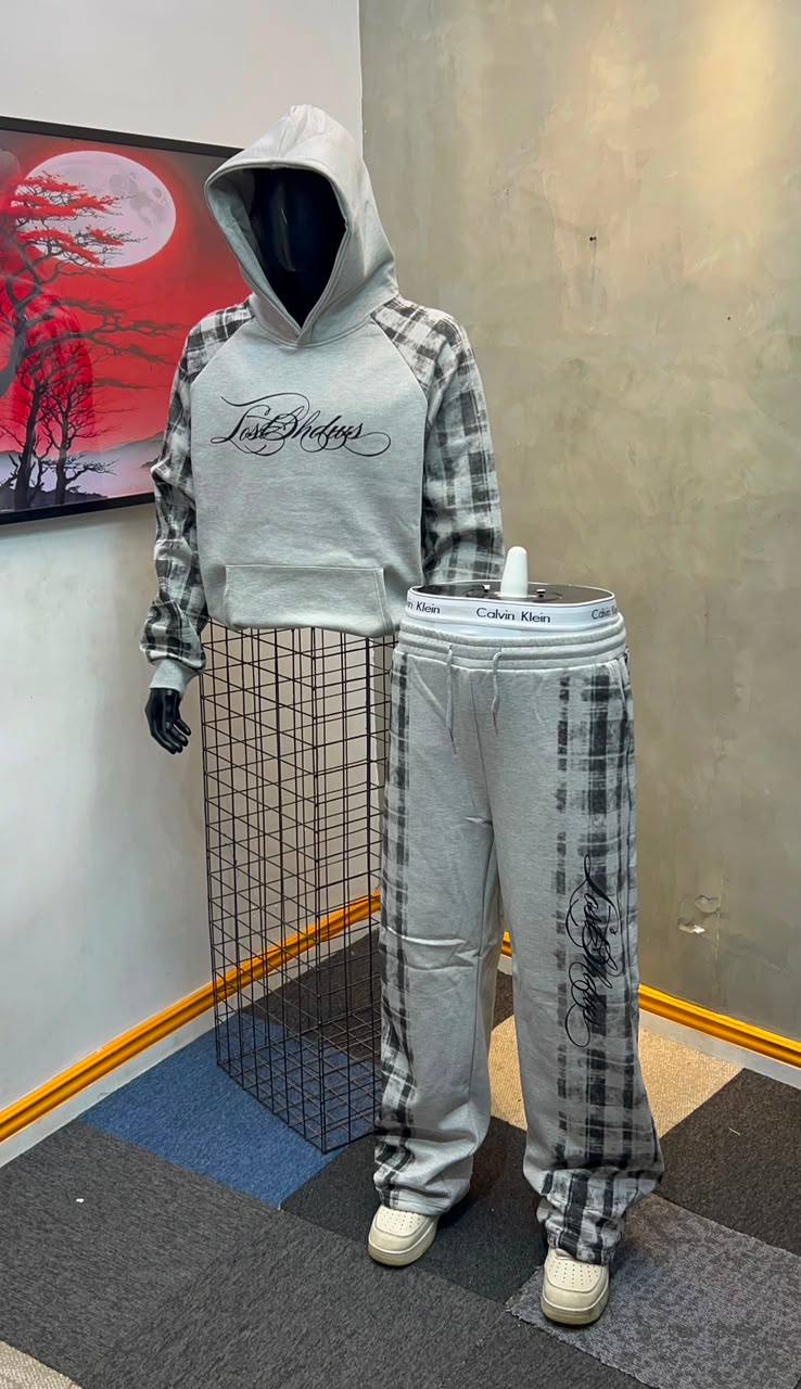 The ‘Lost Shadow’ Hybrid Plaid Hoodie & Sweatpants Set - Light Grey