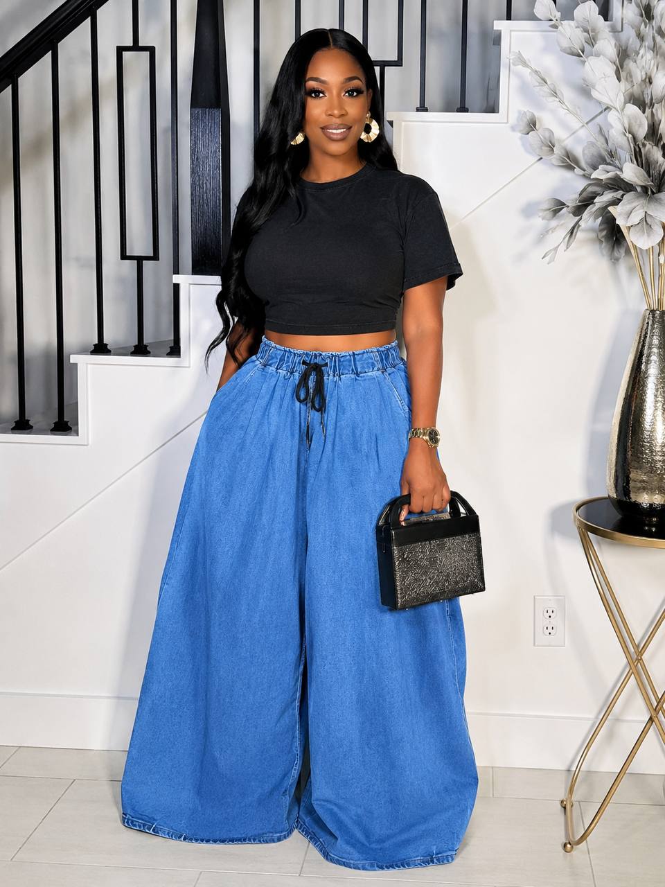 High-Waisted Laser-Etched Patterned Wide-Leg