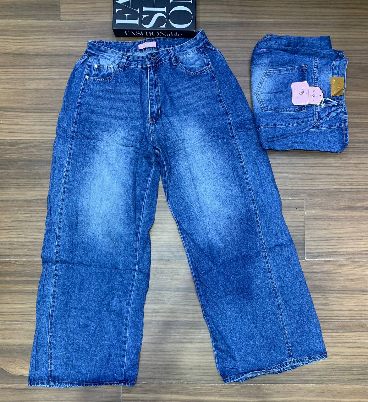 Rhinestone-Studded Pocket Wide-Leg Jeans
