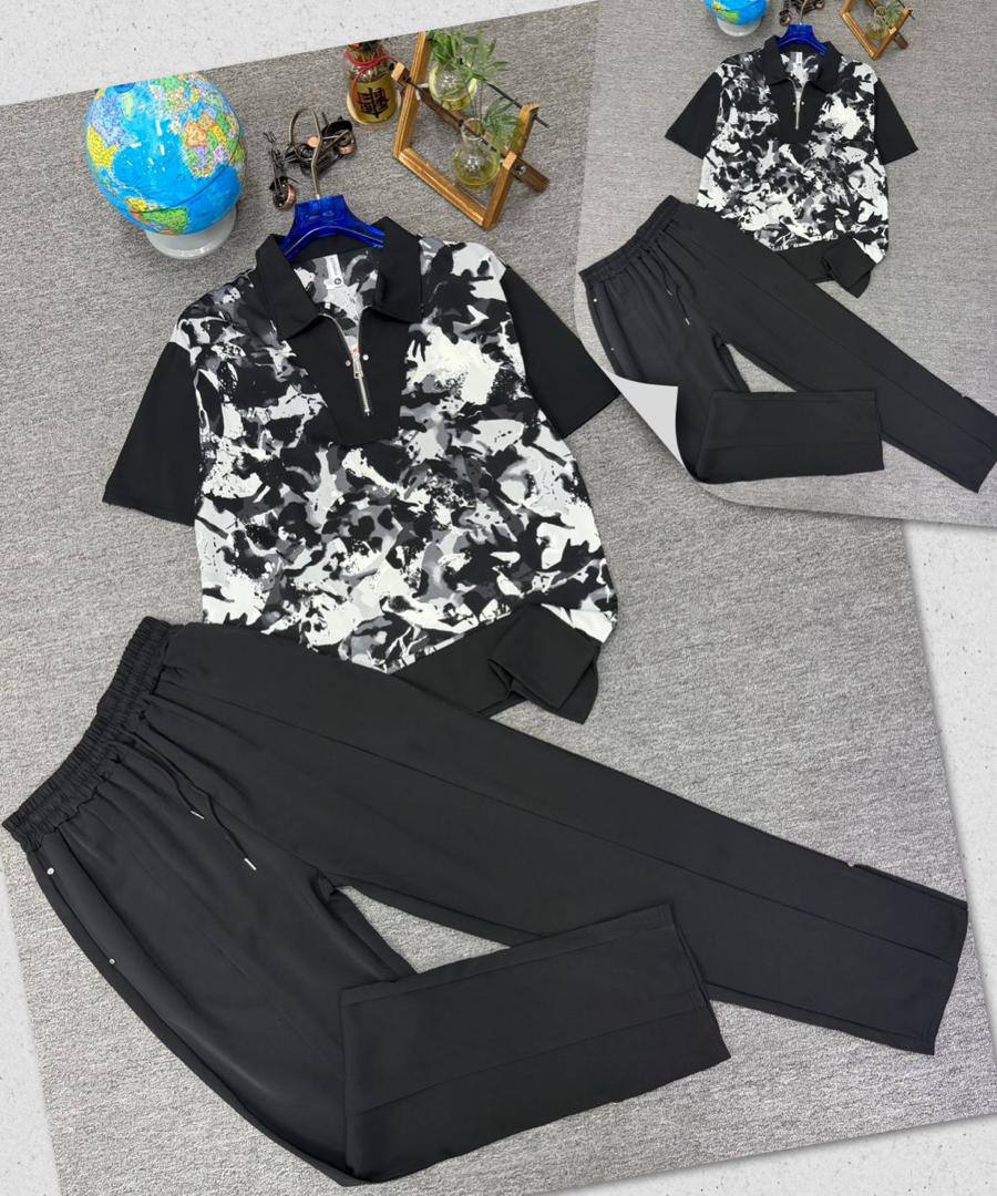 Abstract Graphic Zip Polo & Drawstring Pants Outfit