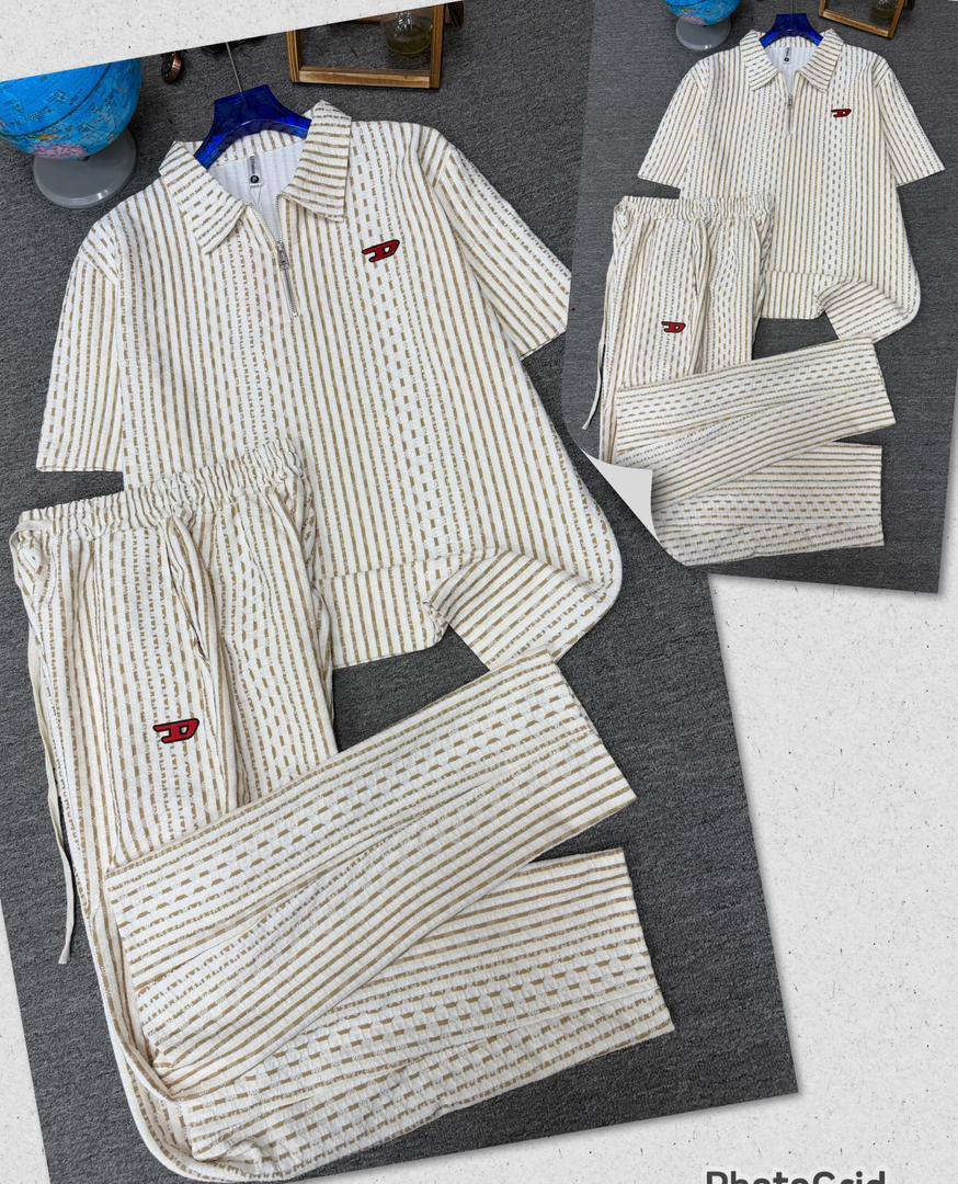 Dotted Vertical Stripe Quarter-Zip Polo & Trousers Set