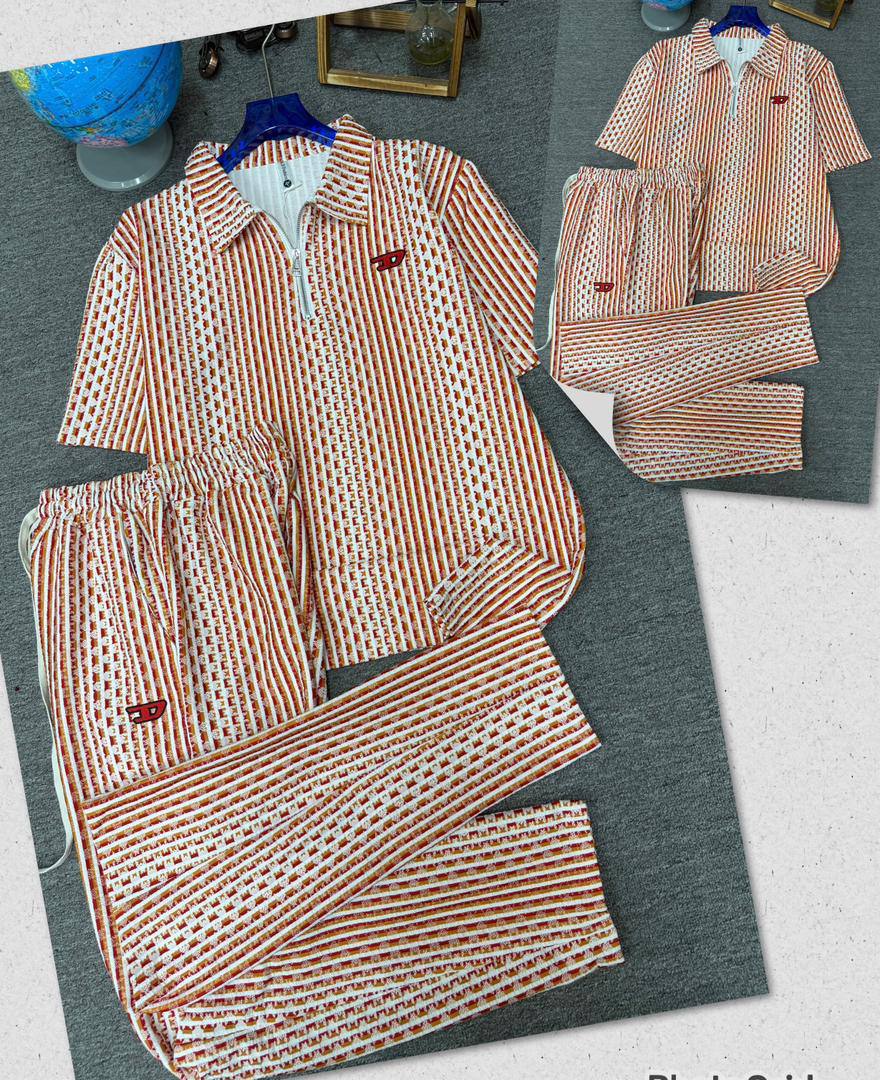 Striped Pattern Quarter-Zip Collared Shirt & Trousers Set