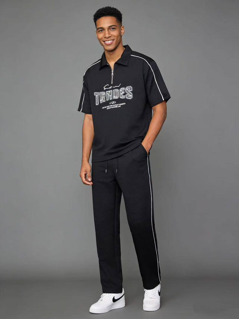 Black Graphic Polo & Trousers 2-Piece Set