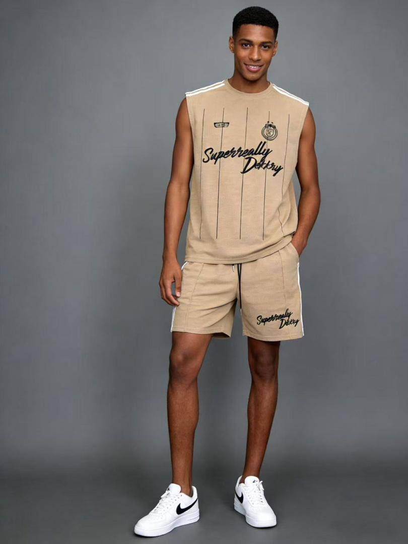 Script Printed Sleeveless Tracksuit & Shorts Outfit
