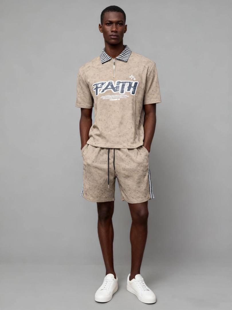 Graphic Print Zip Polo & Drawstring Shorts Set