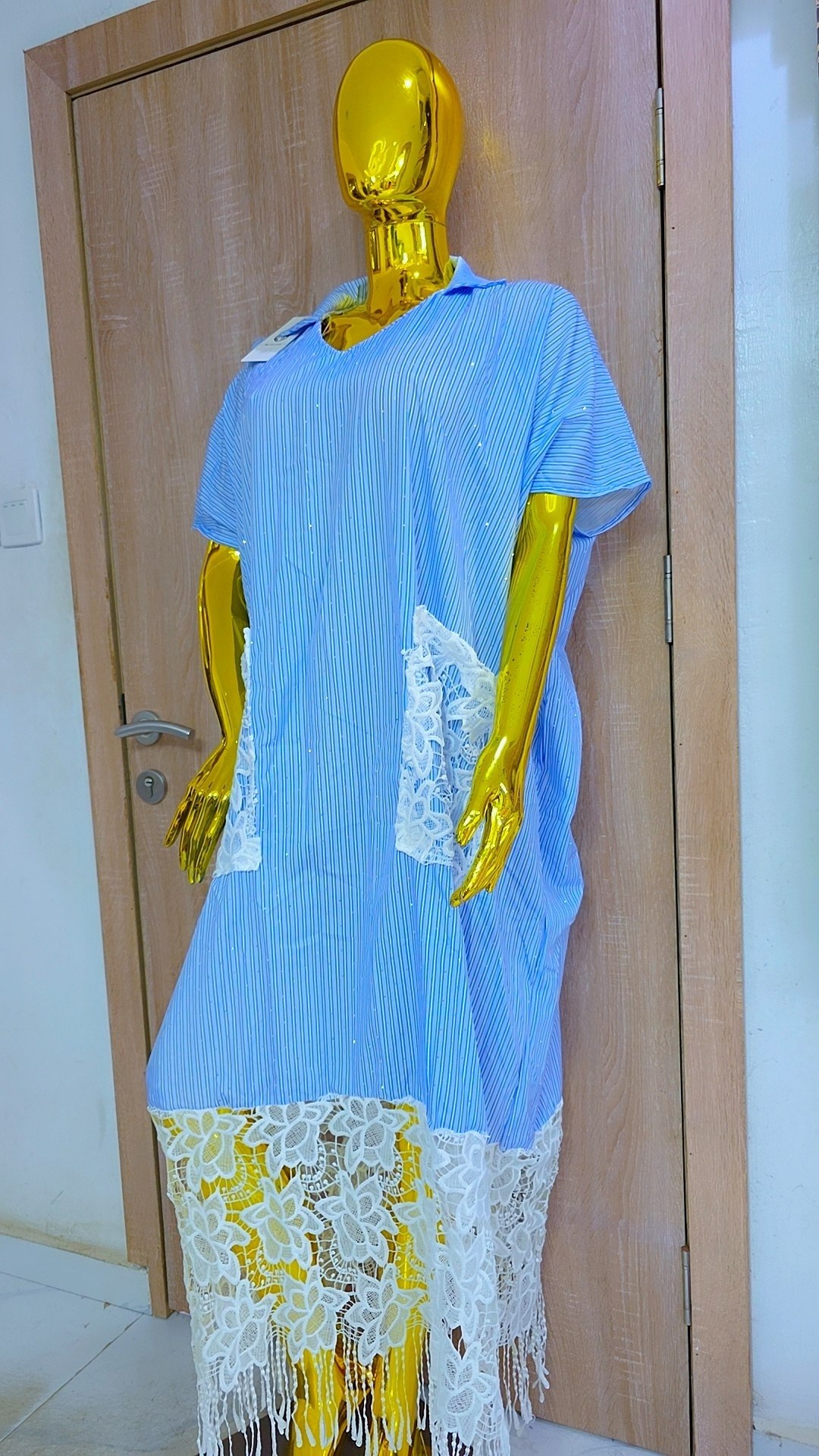 Light Blue Striped Boubou Kaftan Dress