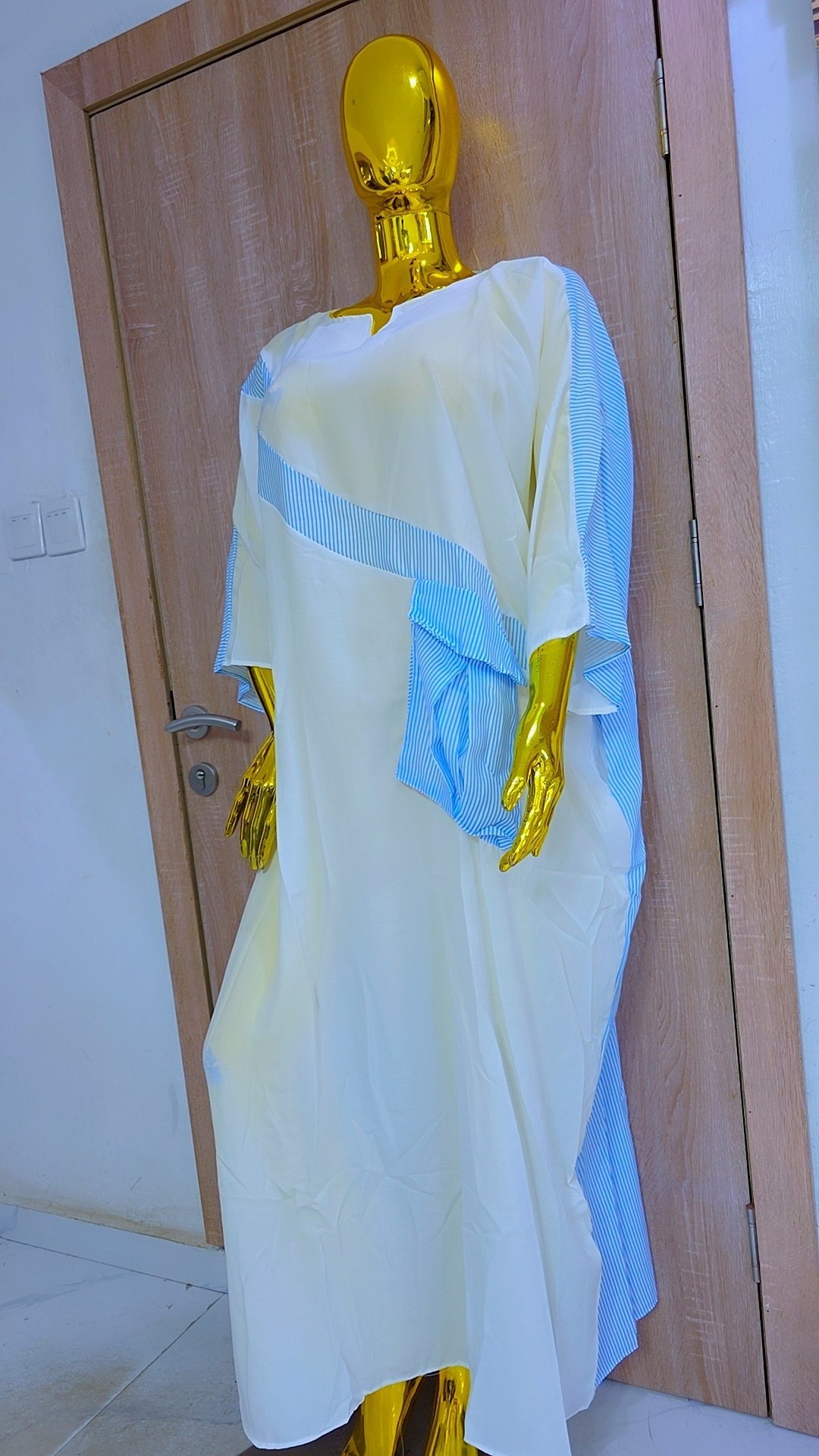 White Silk Bubu Gown Vertical Striped Accent & Pocket