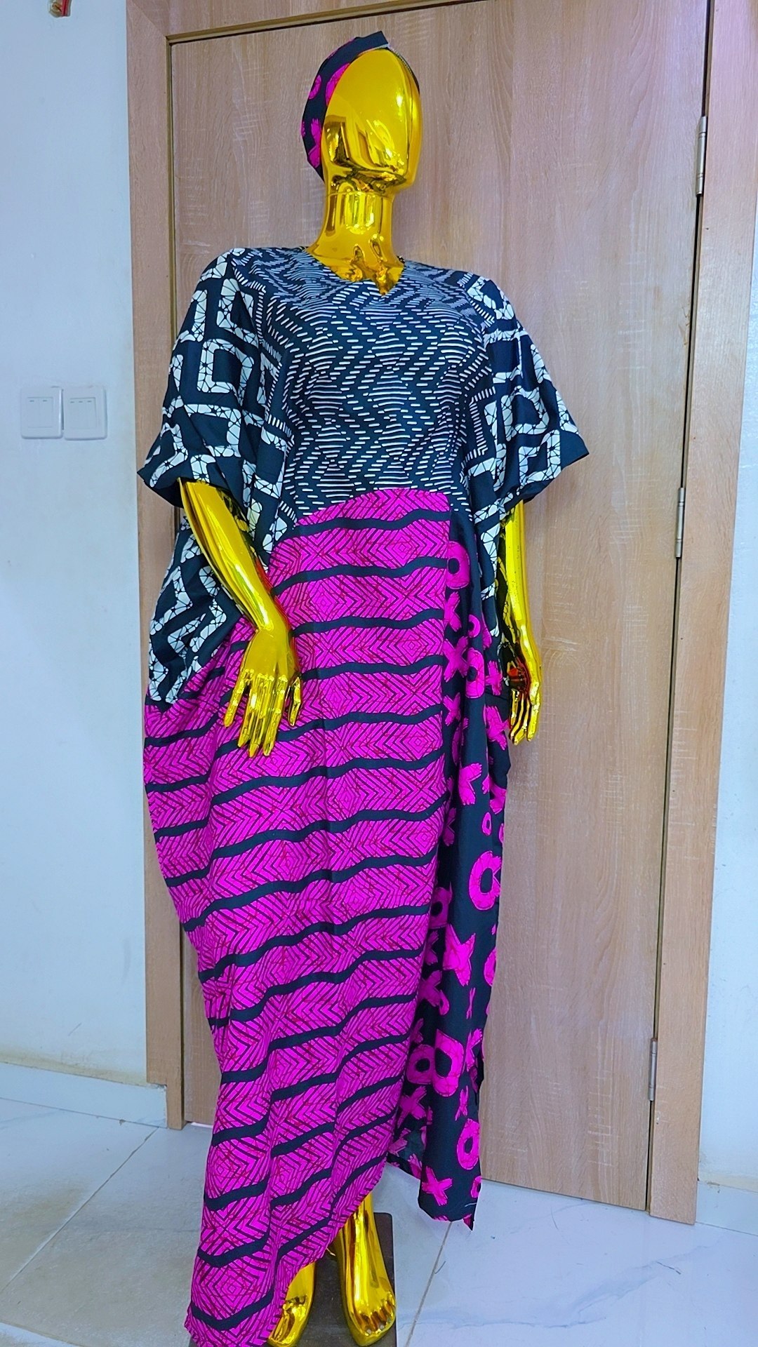Navy & Magenta Pink Batik Print V-Neck Kaftan Dress Set