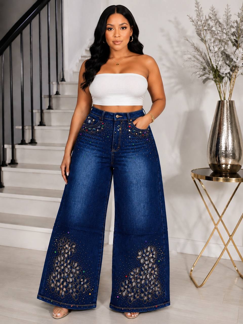 High-Rise Curved Panel Two-Tone Flared Denim Jeans
