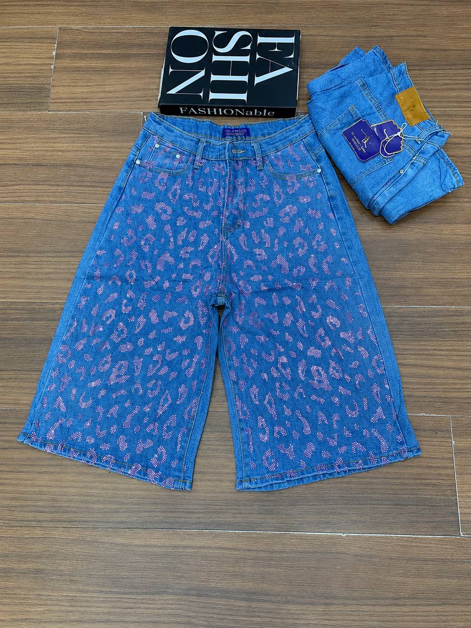 High-Waisted Pink Rhinestone Leopard Print Denim Culottes