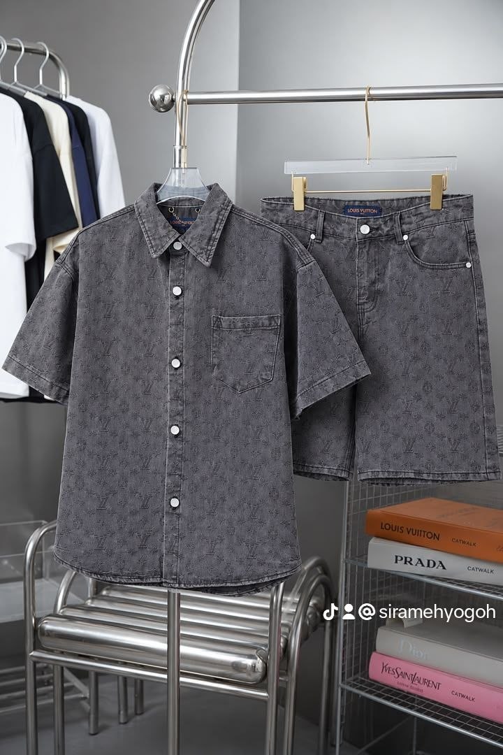 Printed Denim Button-Down & Shorts Set