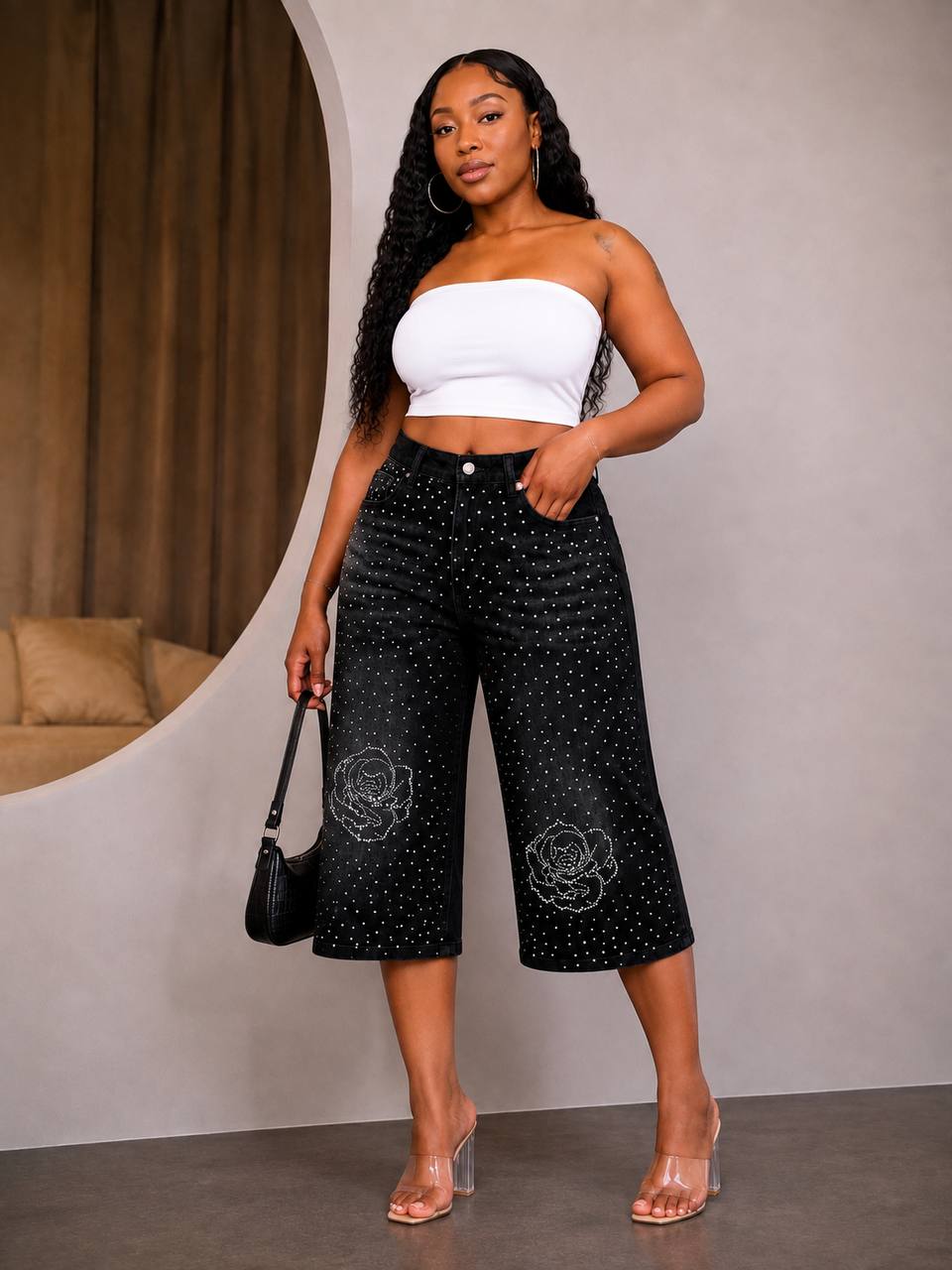 Black Gemstone Rose Patterned Denim Culottes