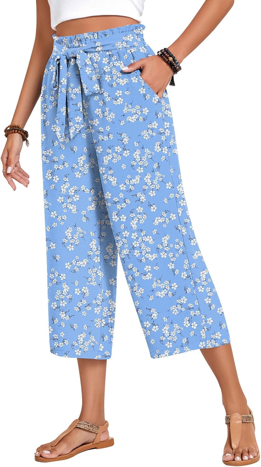 Floral Print High-Waisted Tie-Belt Culottes