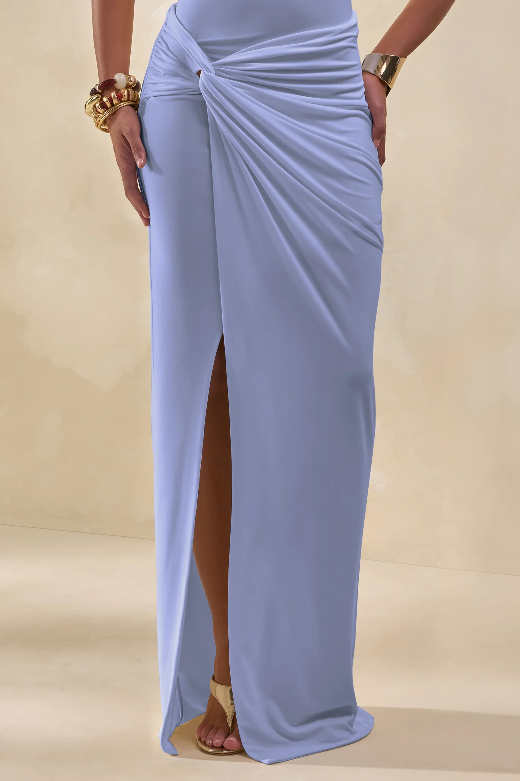 Periwinkle Blue Twisted Waist Front-Split Maxi Skirt