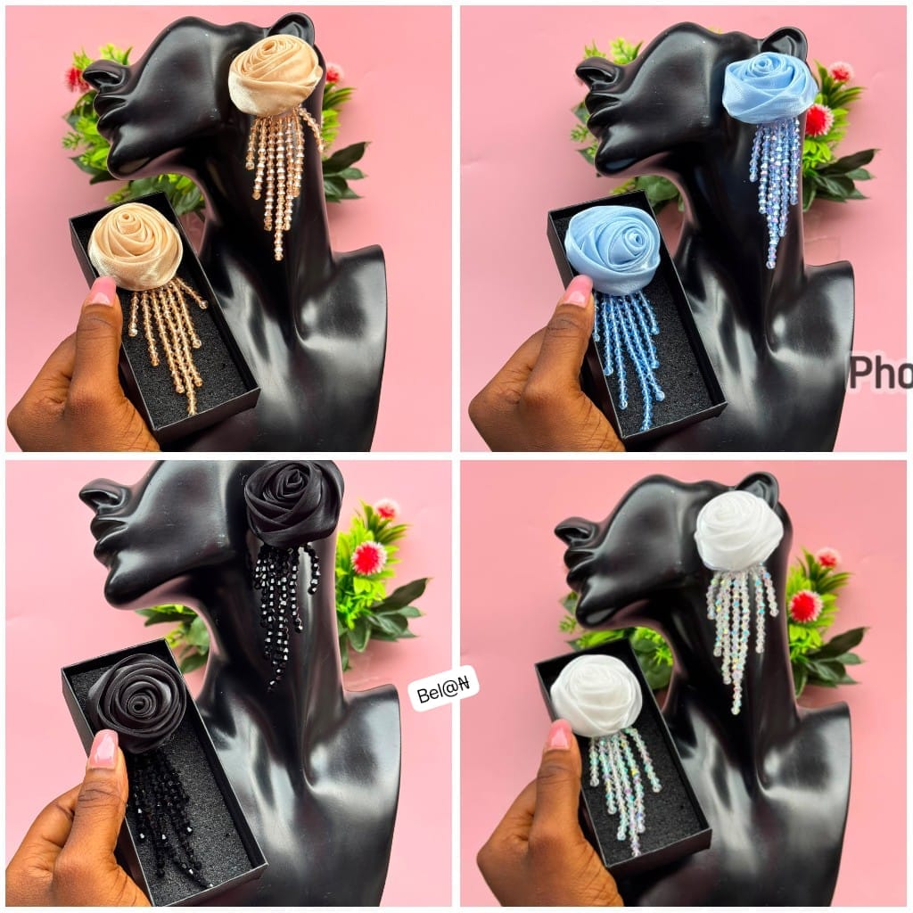 Satin Rosette Crystal Tassel Statement Earrings - Image 2