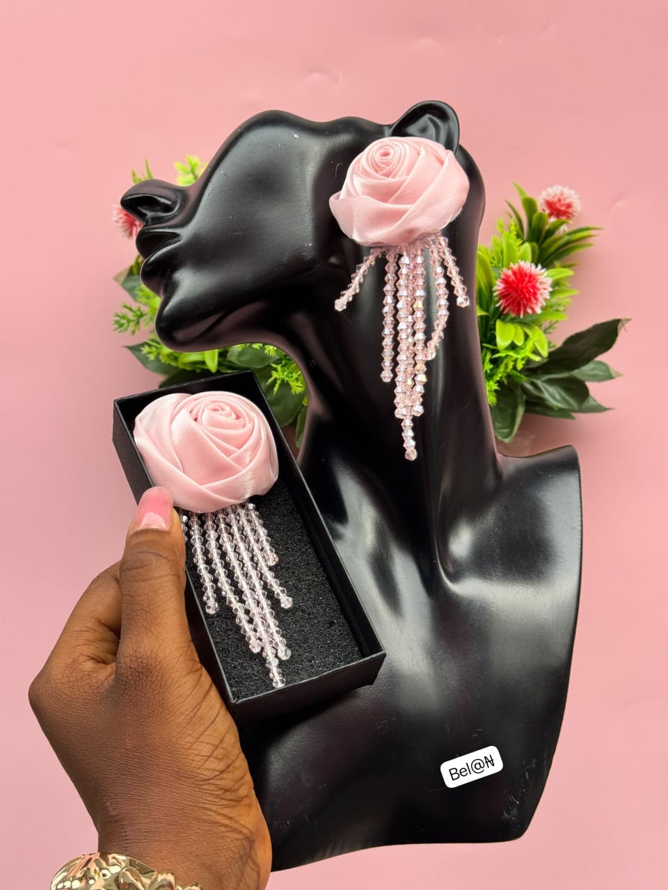 Satin Rosette Crystal Tassel Statement Earrings