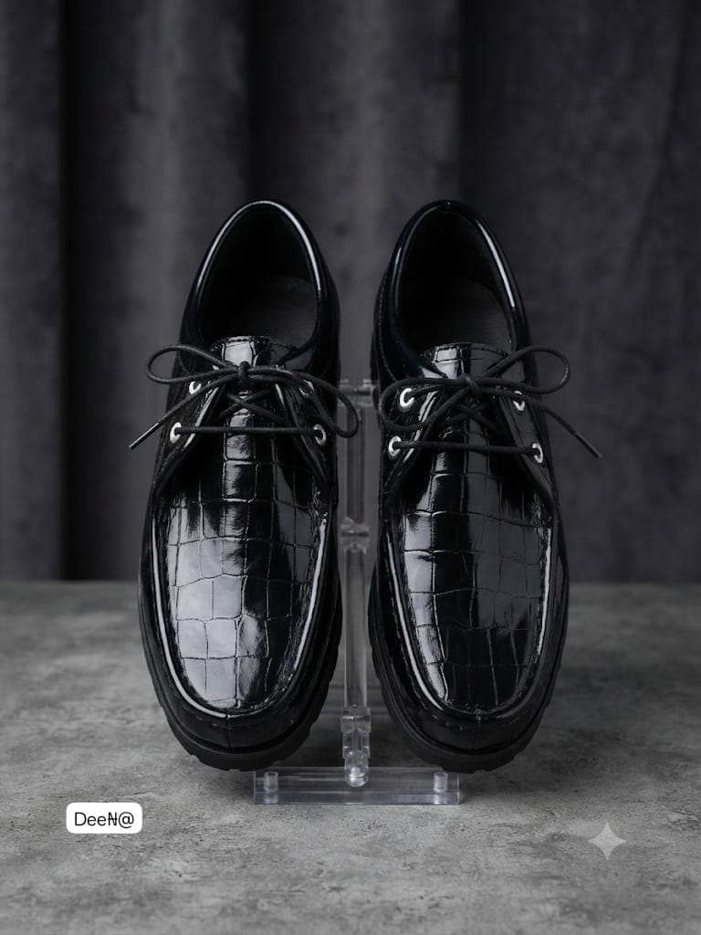 Men’s Black Croc-Embossed Patent Leather Lug-Sole Shoes