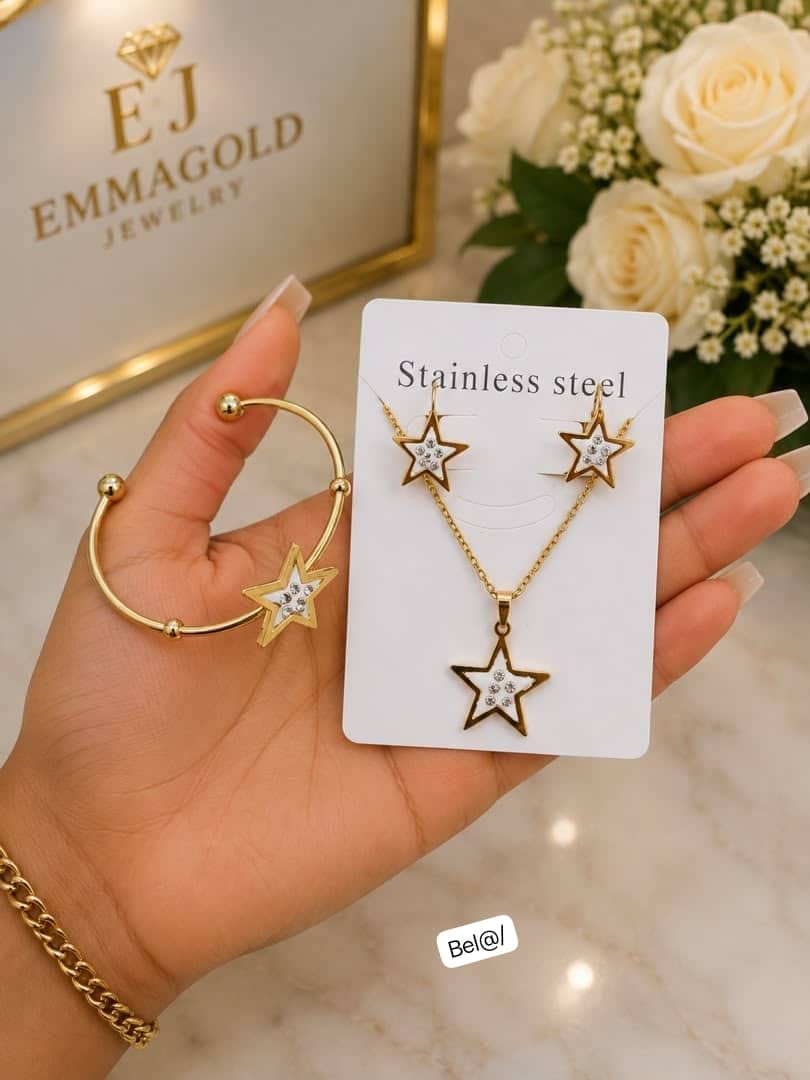 Gold Stainless Steel Pave Star Jewelry Set