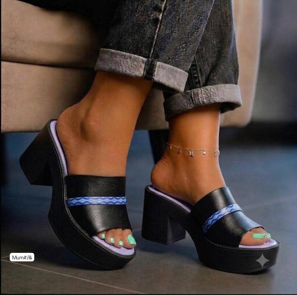 Women’s Platform Block-Heel Mules with Patterned Strap Detail - Image 2