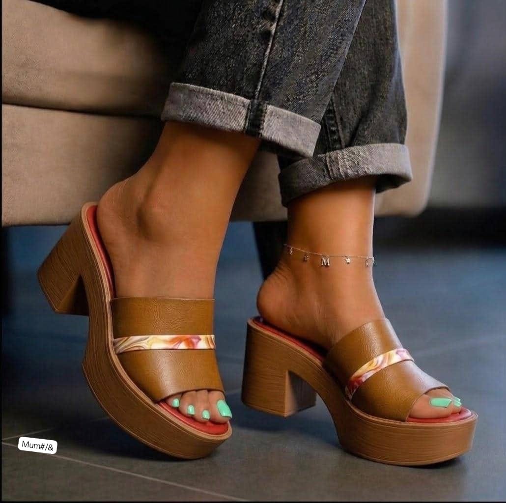 Women’s Platform Block-Heel Mules with Patterned Strap Detail
