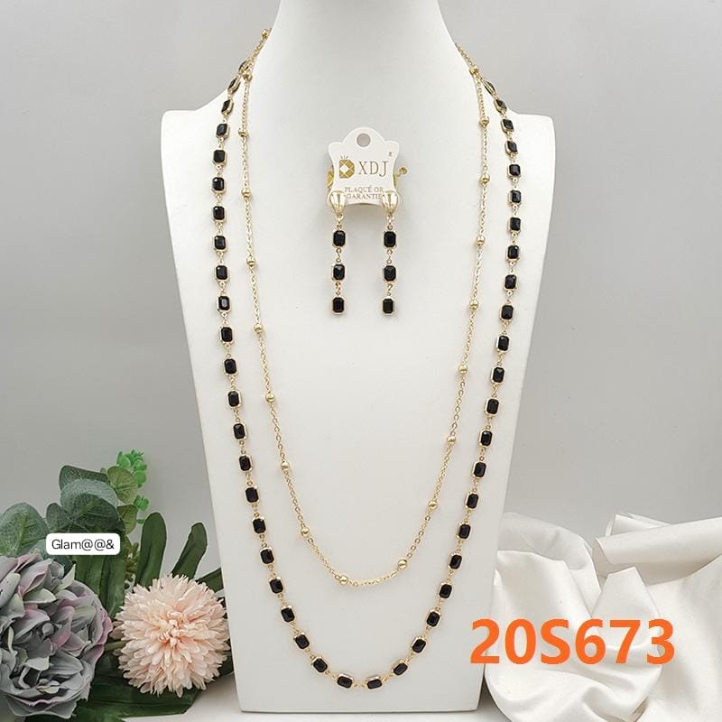 Gold-Tone Black Stone Multi-Layer Statement Necklace & Earrings Set