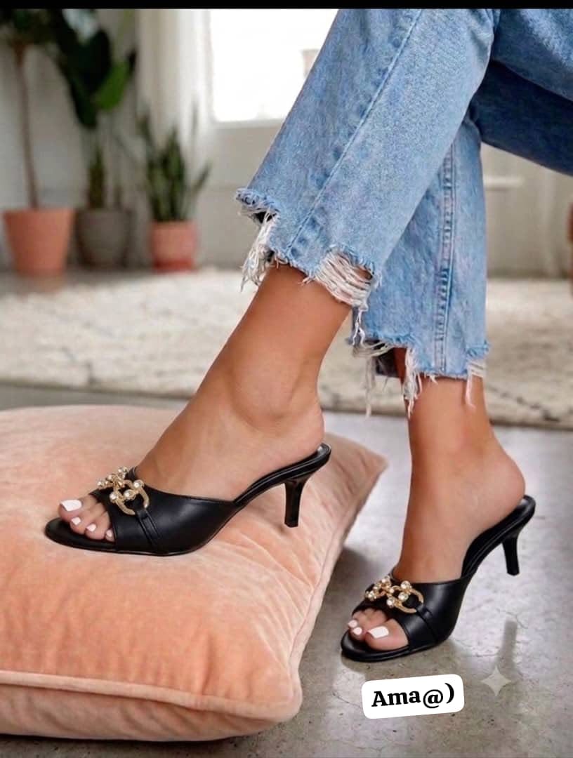 Women's Embellished Open-Toe Kitten Heel Mules with Gold Accent - Image 3