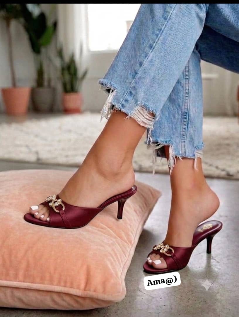 Women's Embellished Open-Toe Kitten Heel Mules with Gold Accent